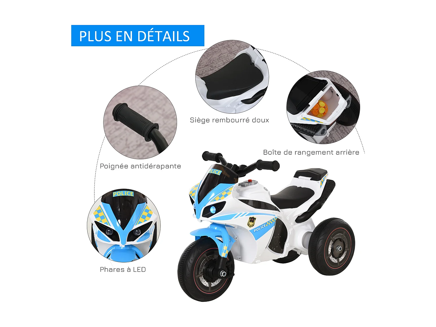 Porteur enfants moto de course effets musicaux et lumineux coffre rangement bleu blanc