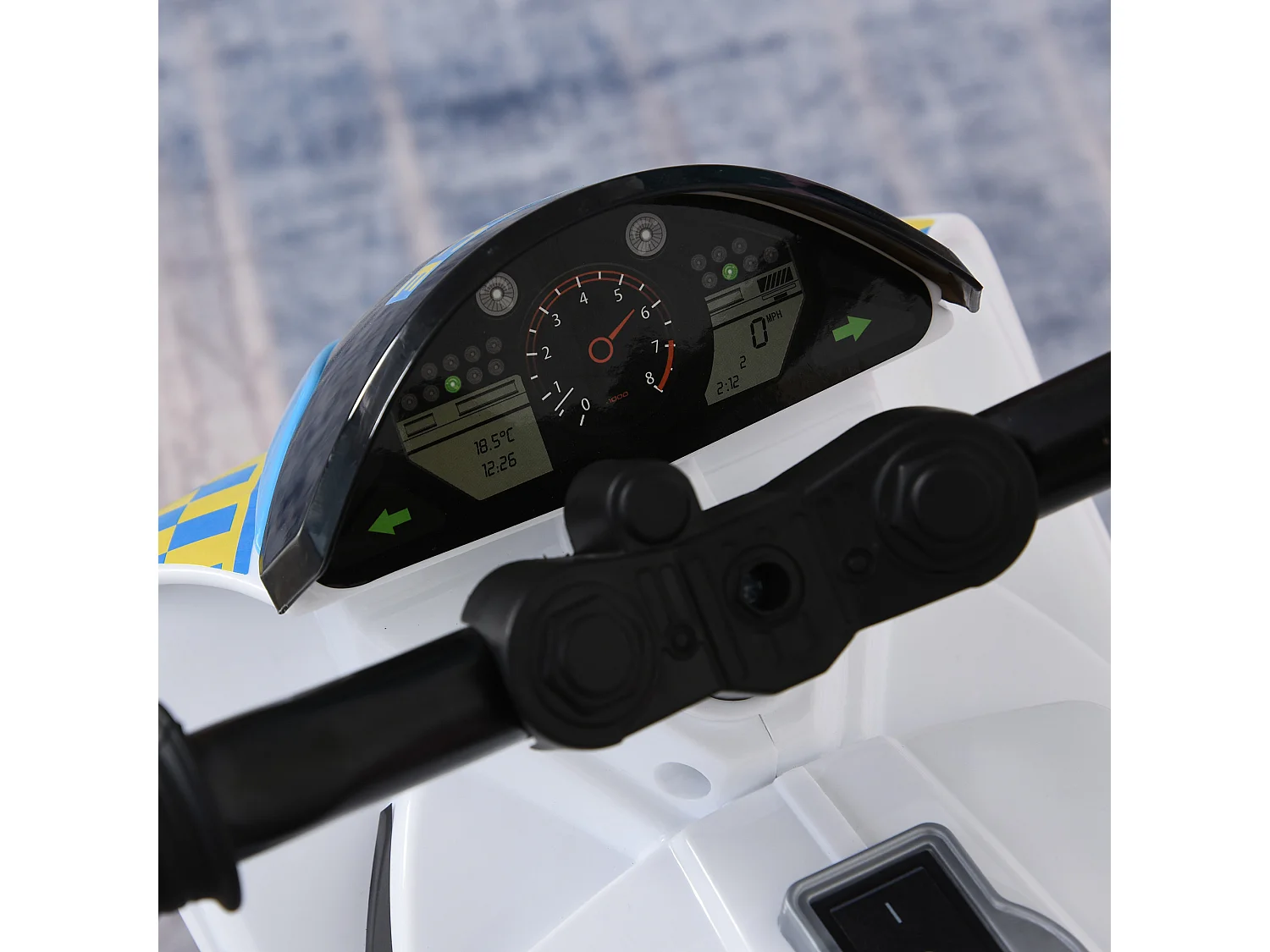 Porteur enfants moto de course effets musicaux et lumineux coffre rangement bleu blanc