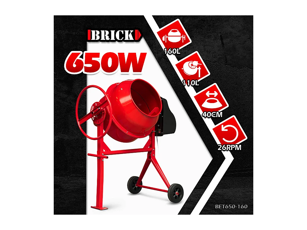 Bétonnière 160 L 650 W – cadre acier renforcé – sur roues