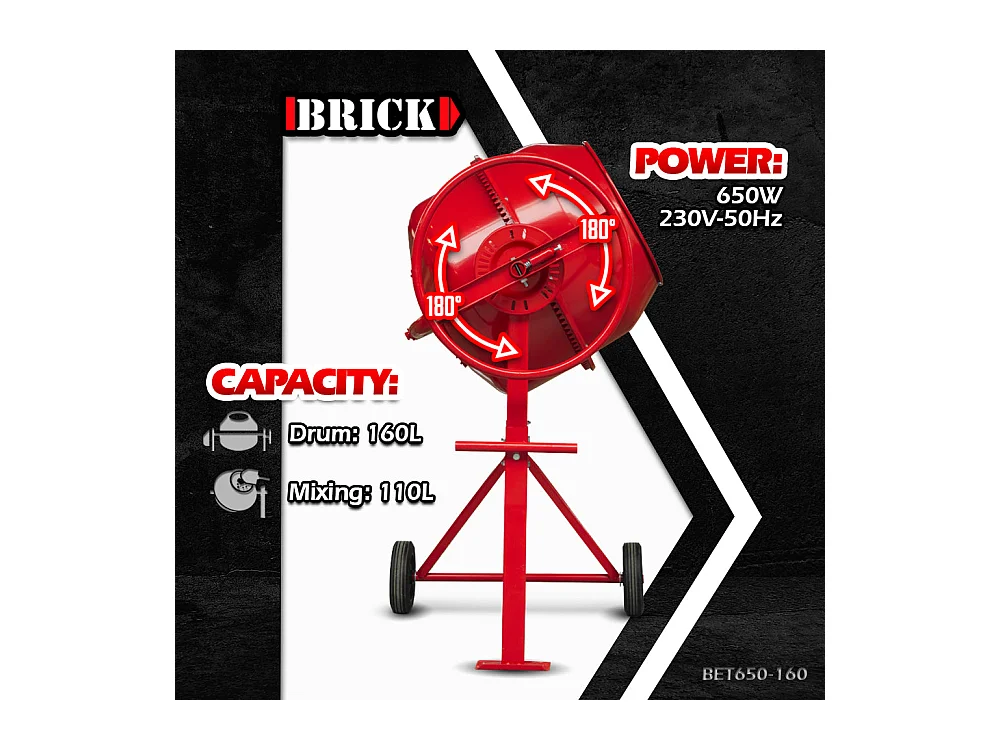 Bétonnière 160 L 650 W – cadre acier renforcé – sur roues