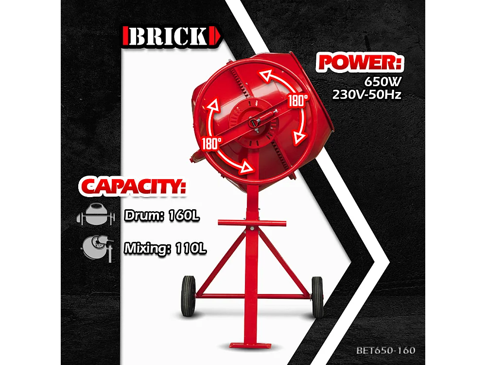 Bétonnière 160 L 650 W – cadre acier renforcé – sur roues