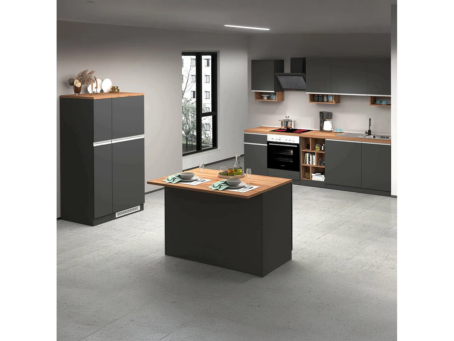 Cuisine Complète Appiah, Modulable Fabriquée en Italie, Noir Anthracite