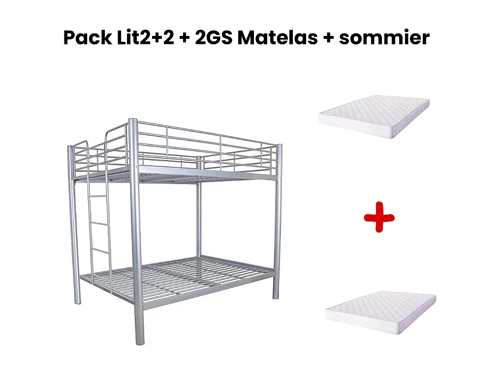 Pack Lit superposé en métal gris + matelas compris 4 places 2+2 COLOSSE 140x190 cm sommier inclus
