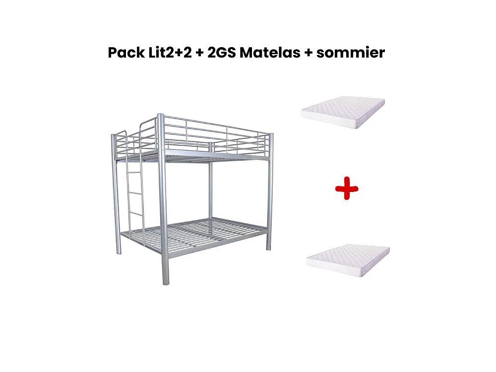 Lit superposé métal gris 4 places 140x190 cm + matelas et sommier inclus  COLOSSE