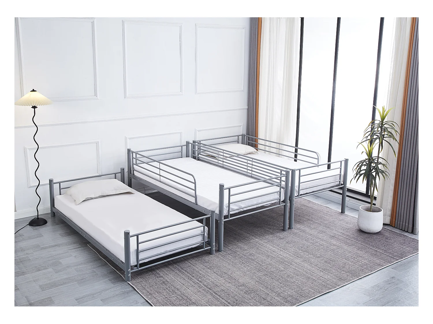 Pack: Lit superposé en métal TRIPLE 3 étages +  Matelas compris 3 couchages 90x190 cm gris