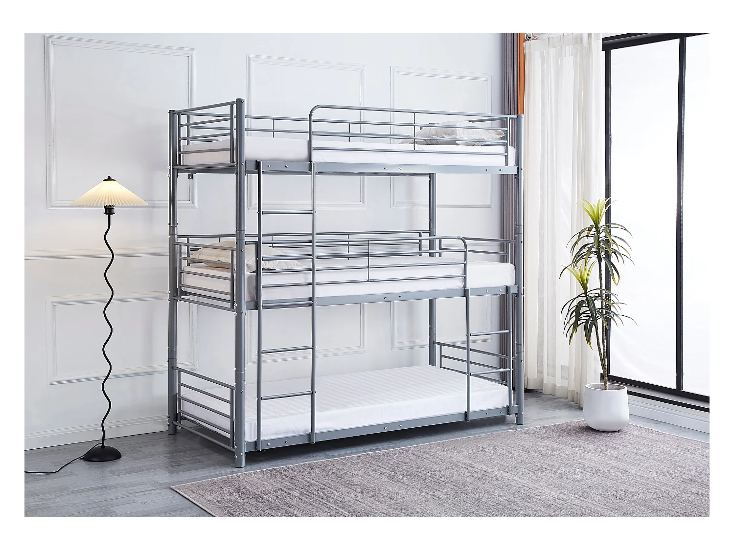 Pack: Lit superposé en métal TRIPLE 3 étages +  Matelas compris 3 couchages 90x190 cm gris