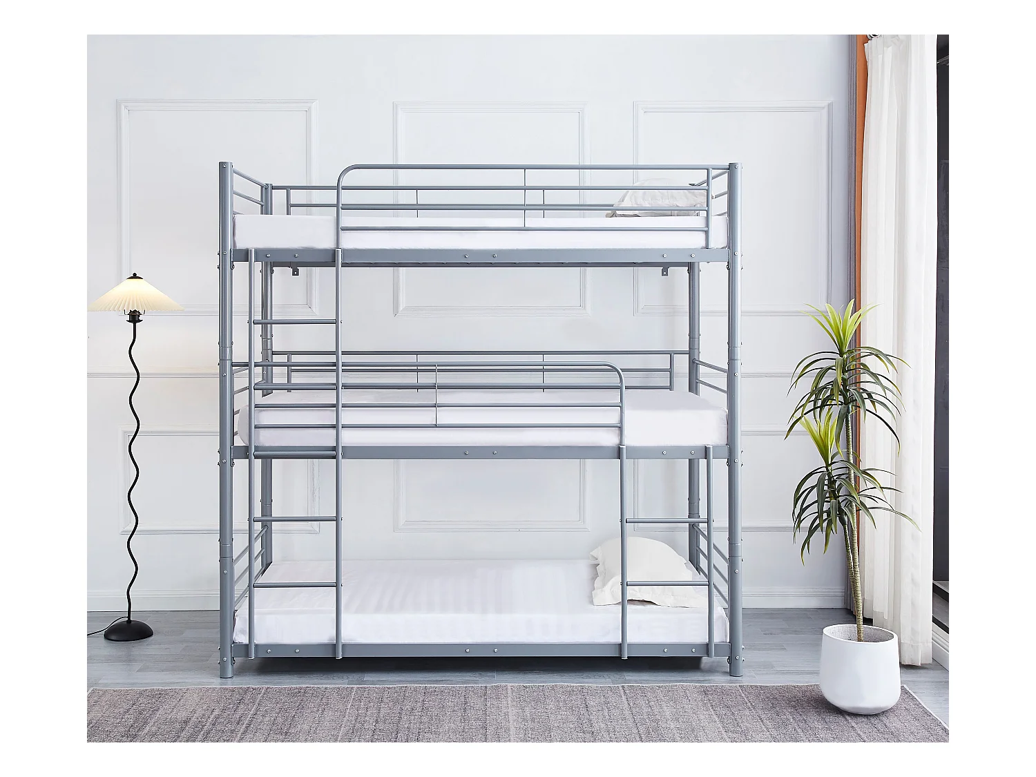 Pack: Lit superposé en métal TRIPLE 3 étages +  Matelas compris 3 couchages 90x190 cm gris