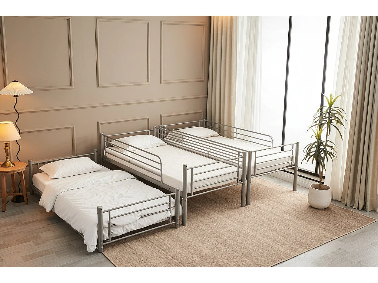 Pack Lit superposé en métal gris 3 couchages 90x190 avec matelas TRIPLE