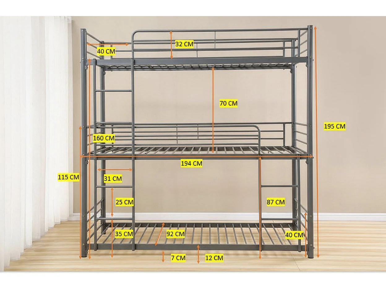 Pack Lit superposé en métal gris 3 couchages 90x190 avec matelas TRIPLE
