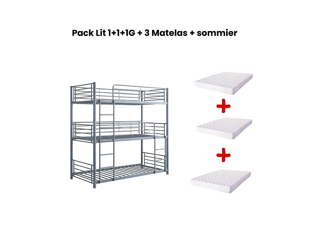 Pack Lit superposé en métal gris 3 couchages 90x190 avec matelas TRIPLE
