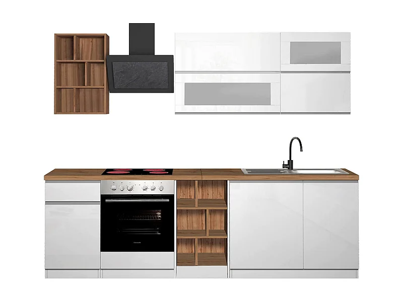Cocina completa Dcastill, Set con despensa, Mueble cocina, Kit bloque lineal, 100% Made in Italy, 255x60h85 cm, Blanco brillo y roble