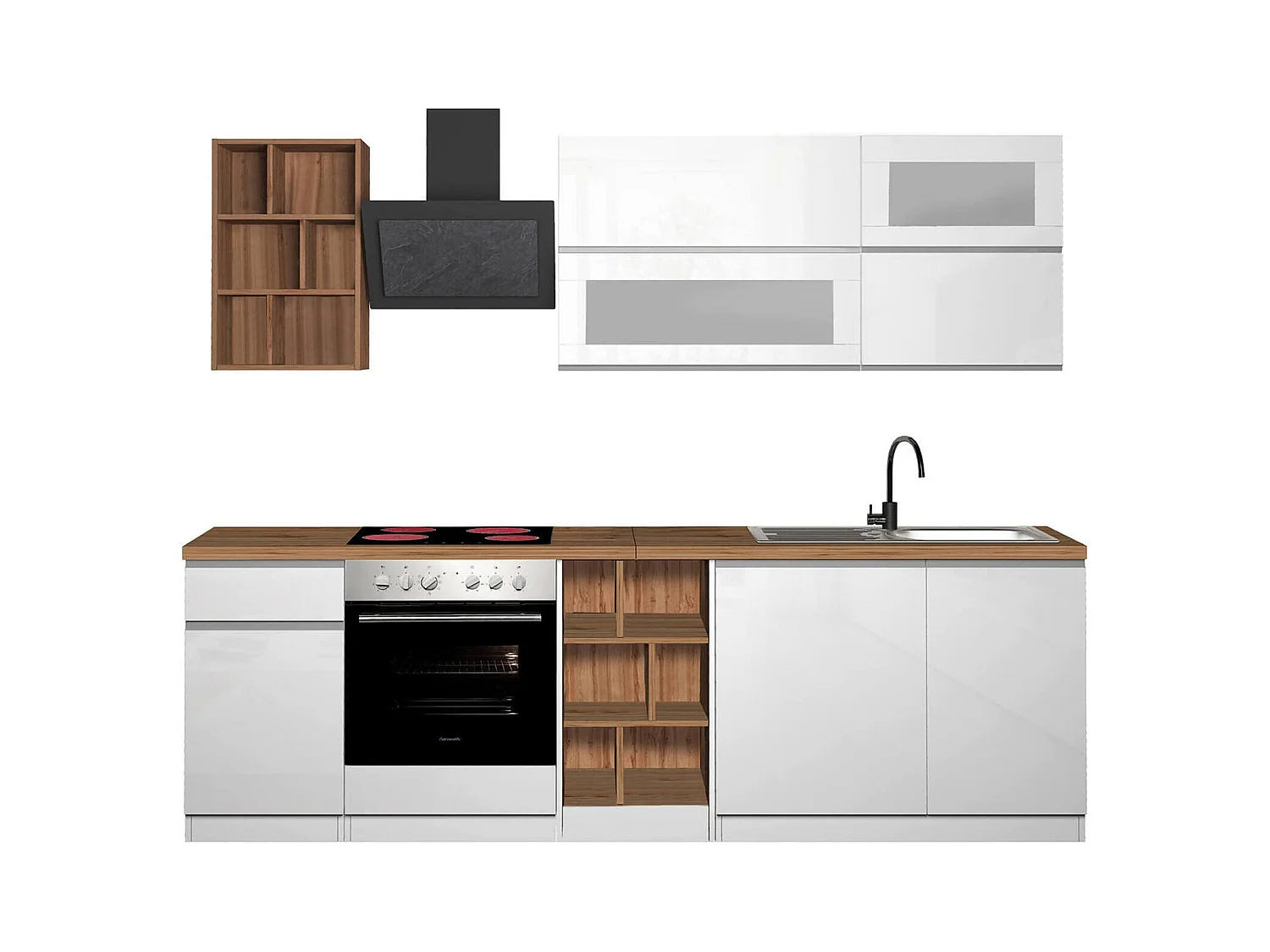 Cuisine complète Dcastill, Ensemble avec garde-manger, Meuble de kitchenette, Kit bloc linéaire, 100% Made in Italy, 255x60h85 cm, Blanc brillant et chêne