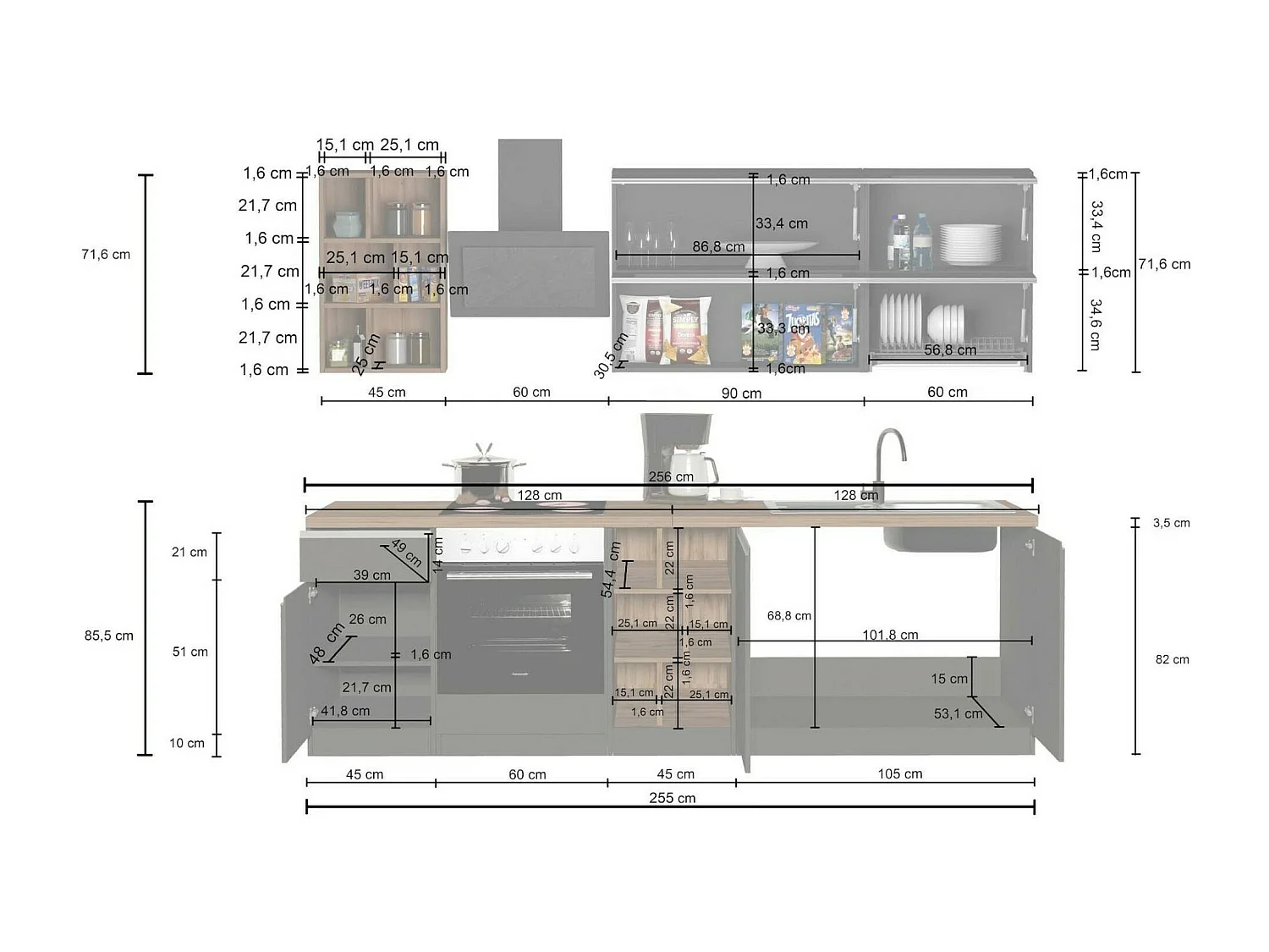 Dcastill complete keuken, Set met bijkeuken, Keukenkast, Lineaire blokkit, 100% Made in Italy, 255x60h85 cm, Glanzend wit en eiken