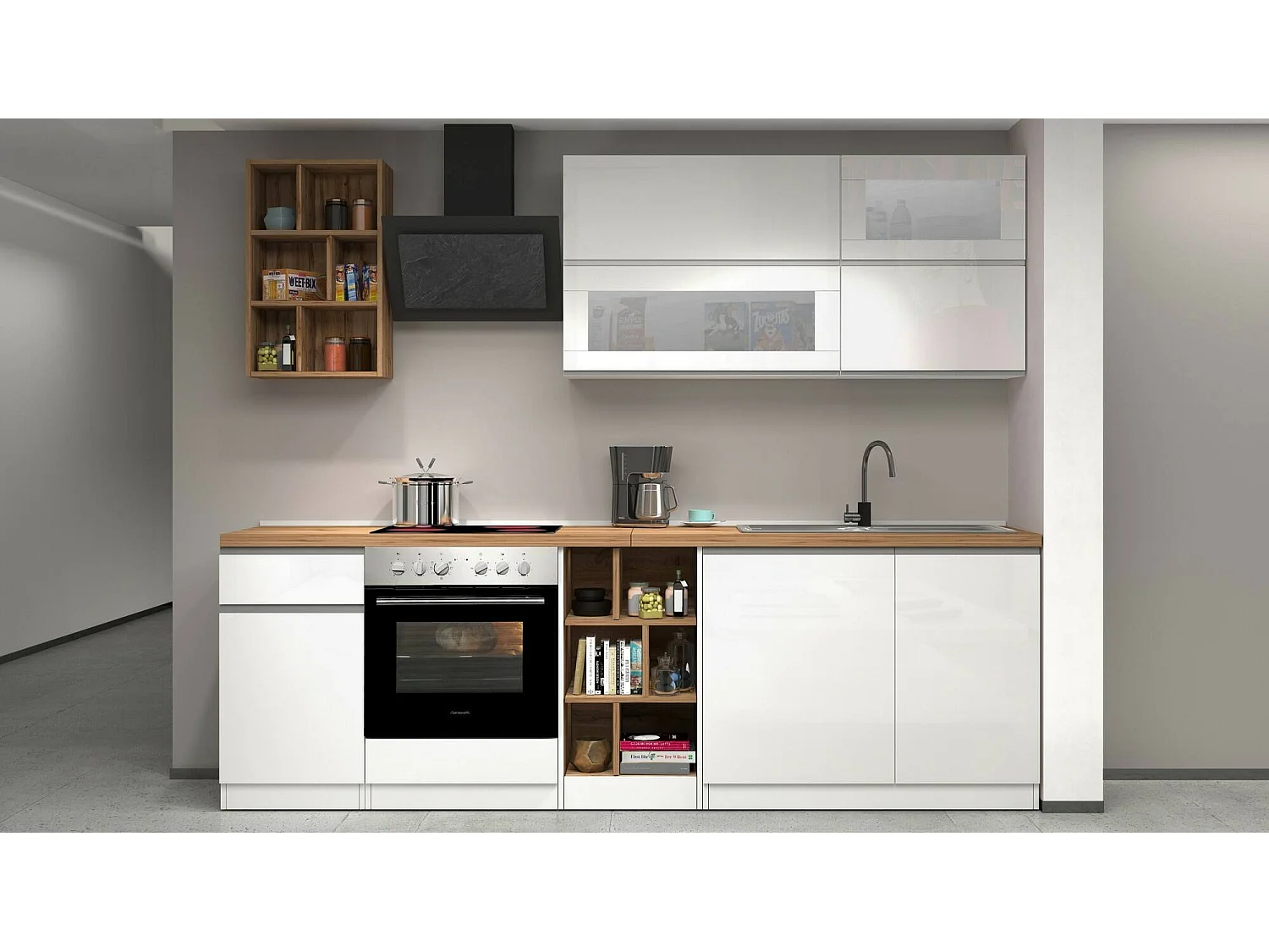 Cocina completa Dcastill, Set con despensa, Mueble cocina, Kit bloque lineal, 100% Made in Italy, 255x60h85 cm, Blanco brillo y roble