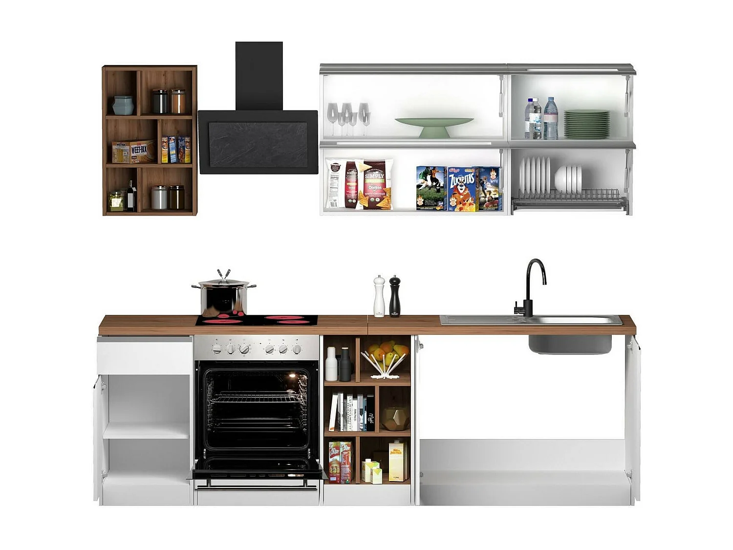 Cocina completa Dcastill, Set con despensa, Mueble cocina, Kit bloque lineal, 100% Made in Italy, 255x60h85 cm, Blanco brillo y roble