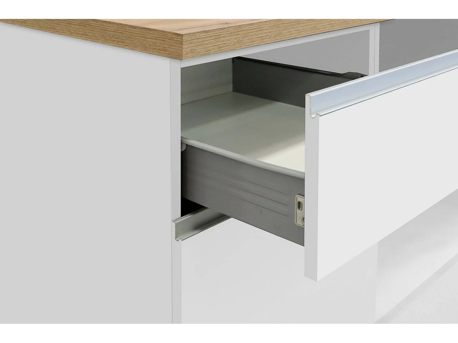 Cocina completa Dcastill, Set con despensa, Mueble cocina, Kit bloque lineal, 100% Made in Italy, 255x60h85 cm, Blanco brillo y roble