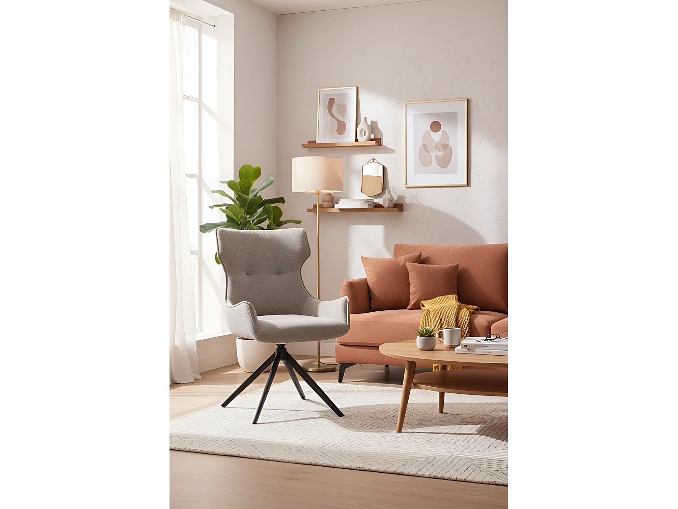 Sedia K573/Funzione girevole/Rivestimento in tessuto e metallo/Beige