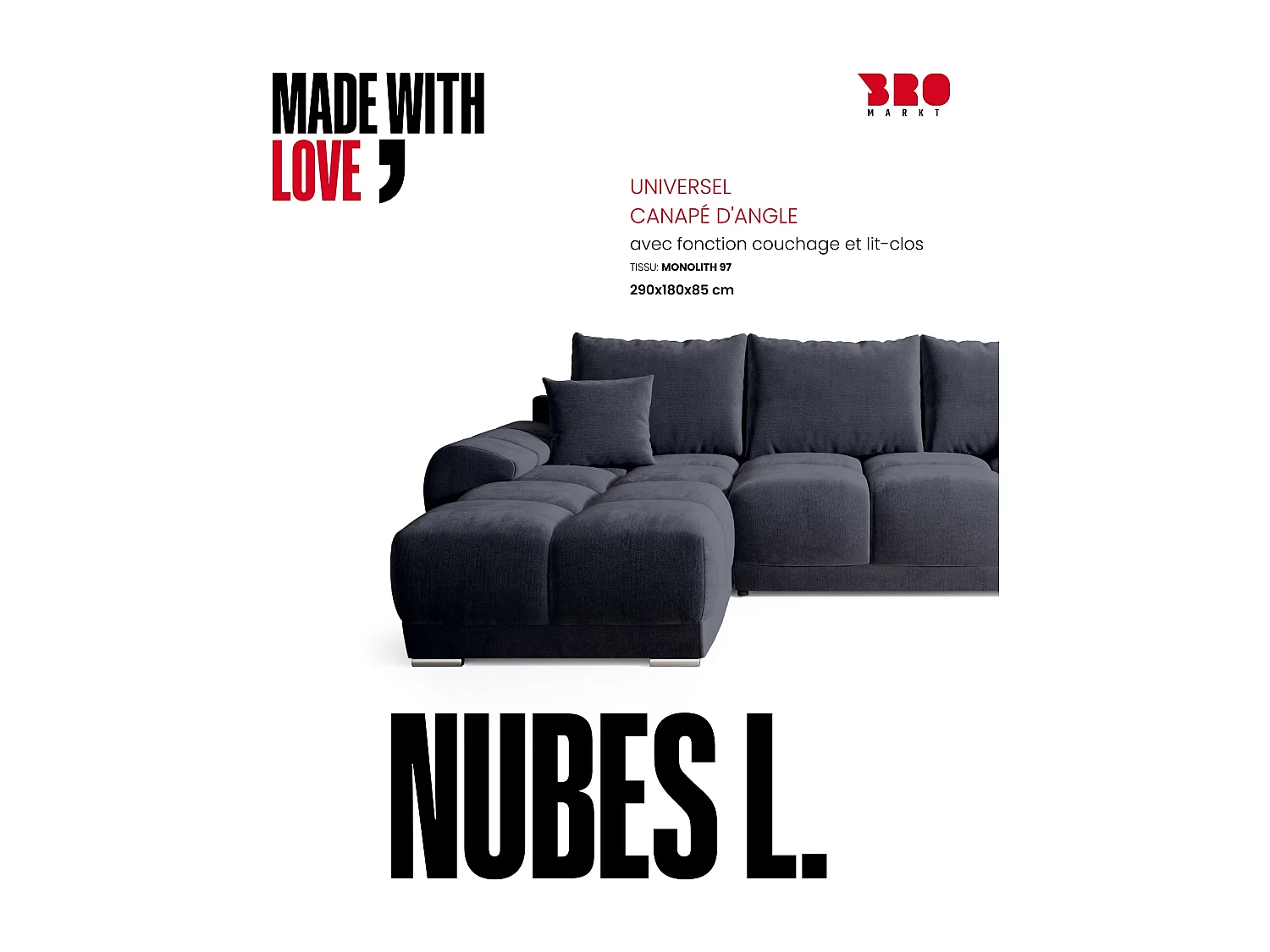 Canapé d'angle convertible en forme de L NUBES 290x180x85 cm anthracite