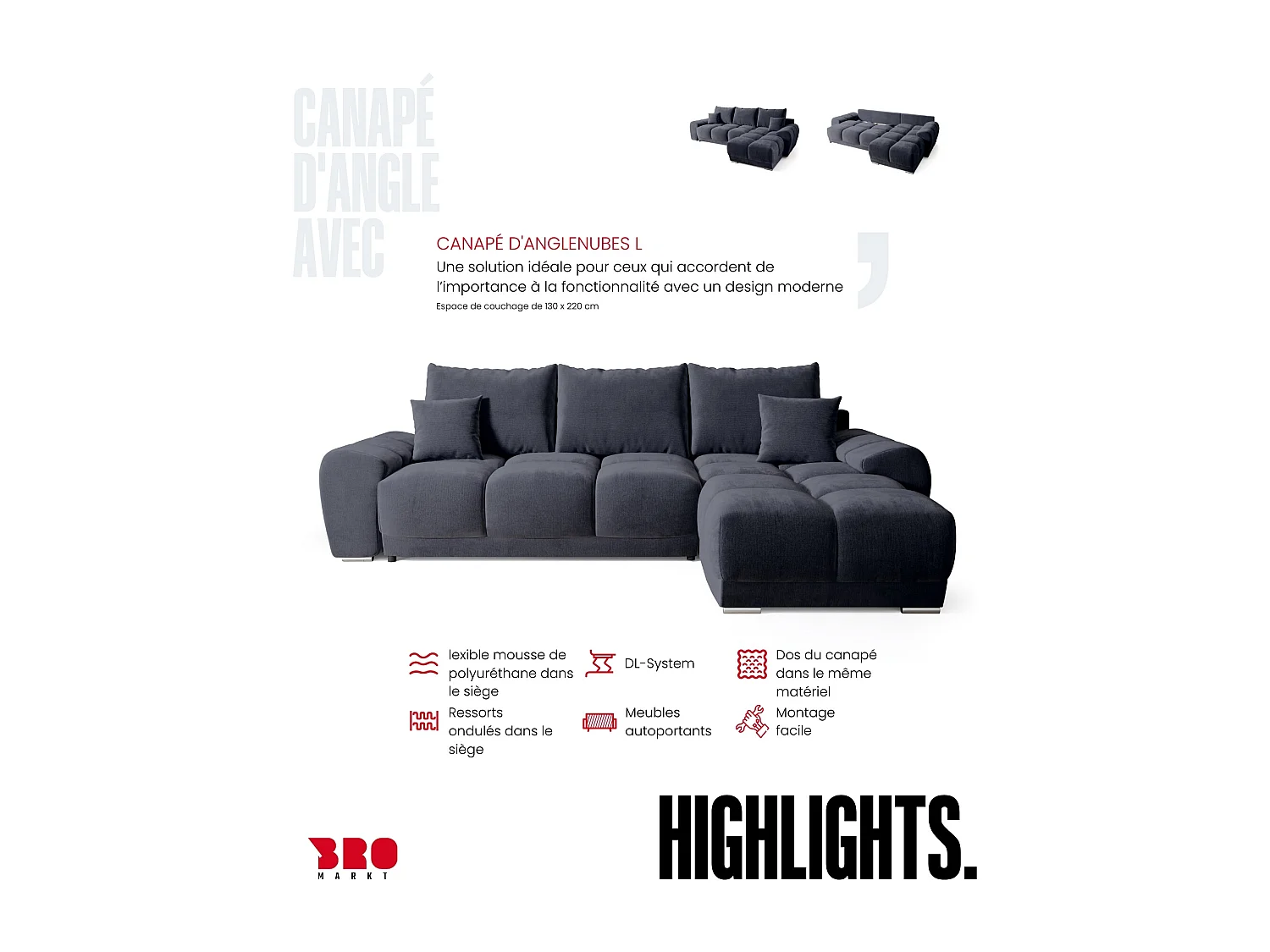 Canapé d'angle convertible en forme de L NUBES 290x180x85 cm anthracite