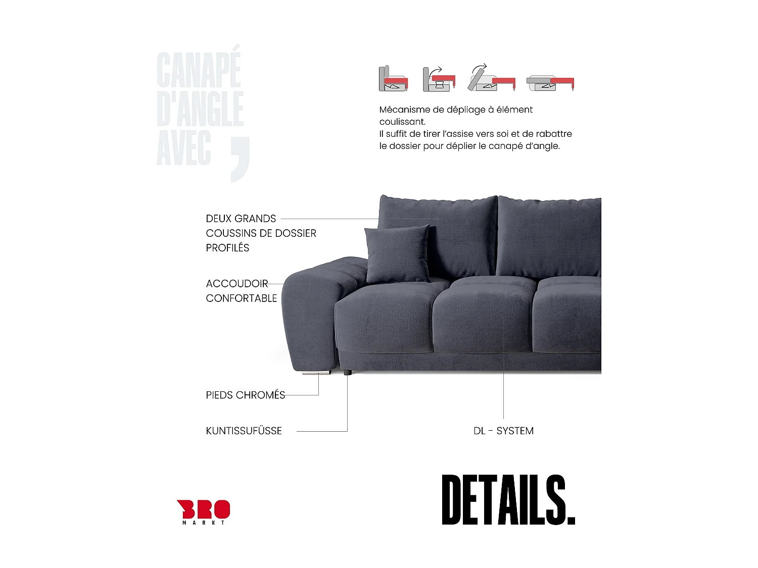 Canapé d'angle convertible en forme de L NUBES 290x180x85 cm anthracite