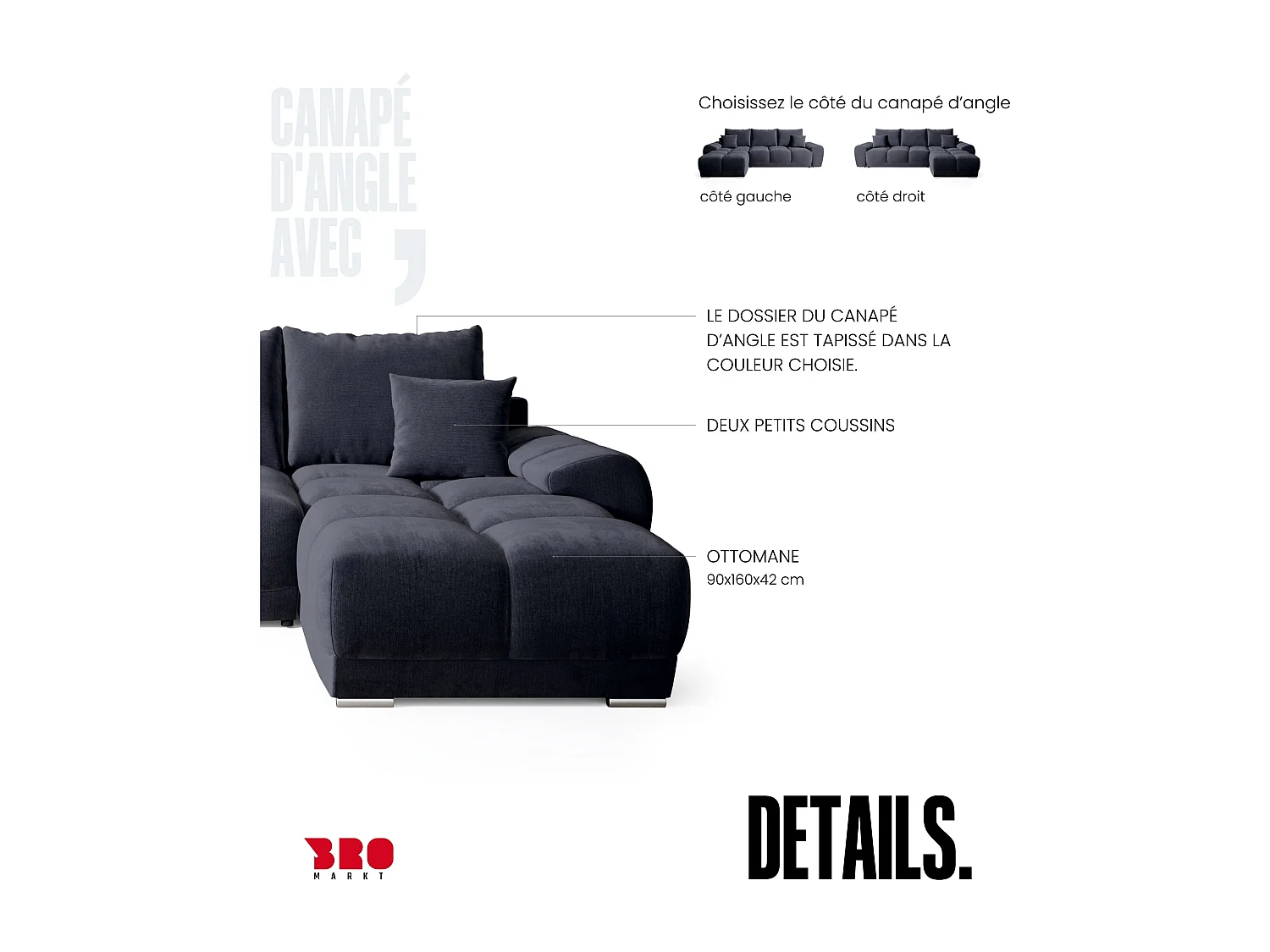 Canapé d'angle convertible en forme de L NUBES 290x180x85 cm anthracite