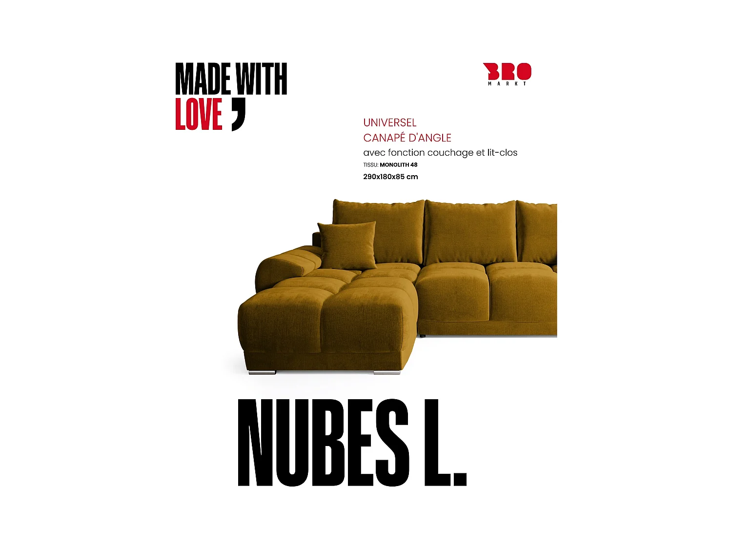 Canapé d'angle convertible en forme de L NUBES 290x180x85 cm moutarde