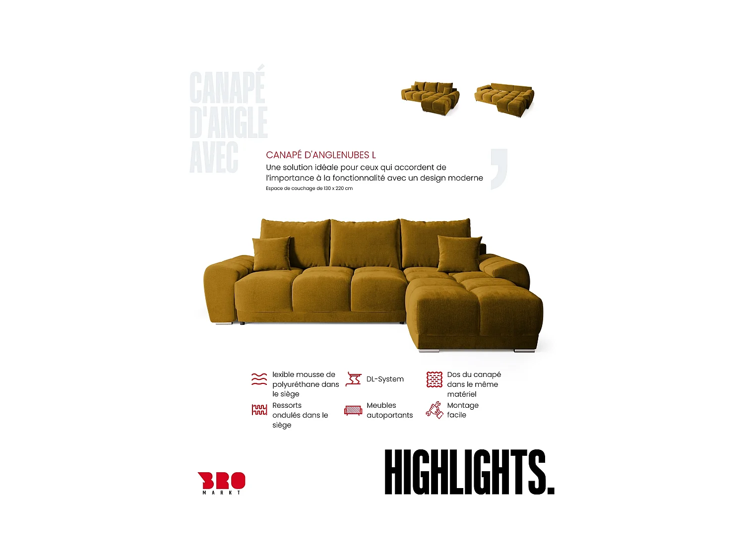 Canapé d'angle convertible en forme de L NUBES 290x180x85 cm moutarde