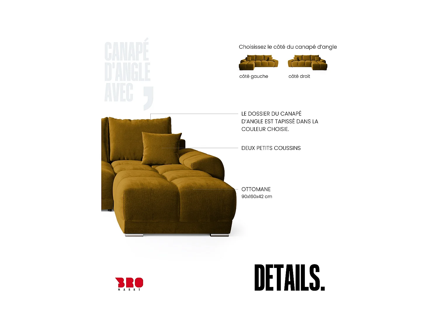 Canapé d'angle convertible en forme de L NUBES 290x180x85 cm moutarde