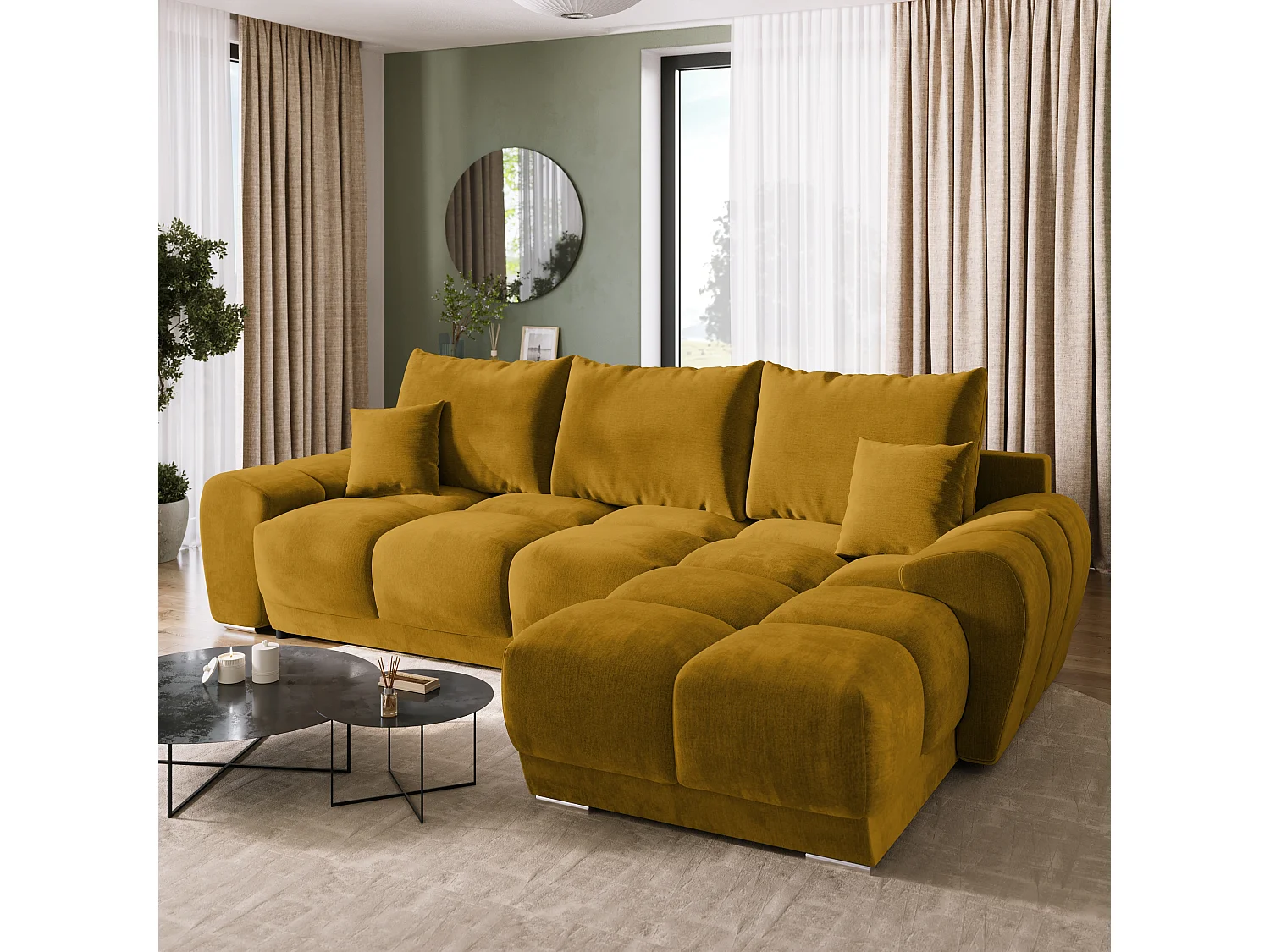 Canapé d'angle convertible en forme de L NUBES 290x180x85 cm moutarde