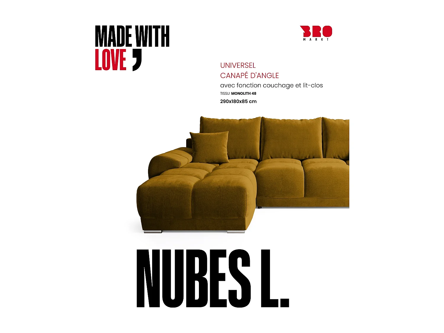 Canapé d'angle convertible en forme de L NUBES 290x180x85 cm moutarde
