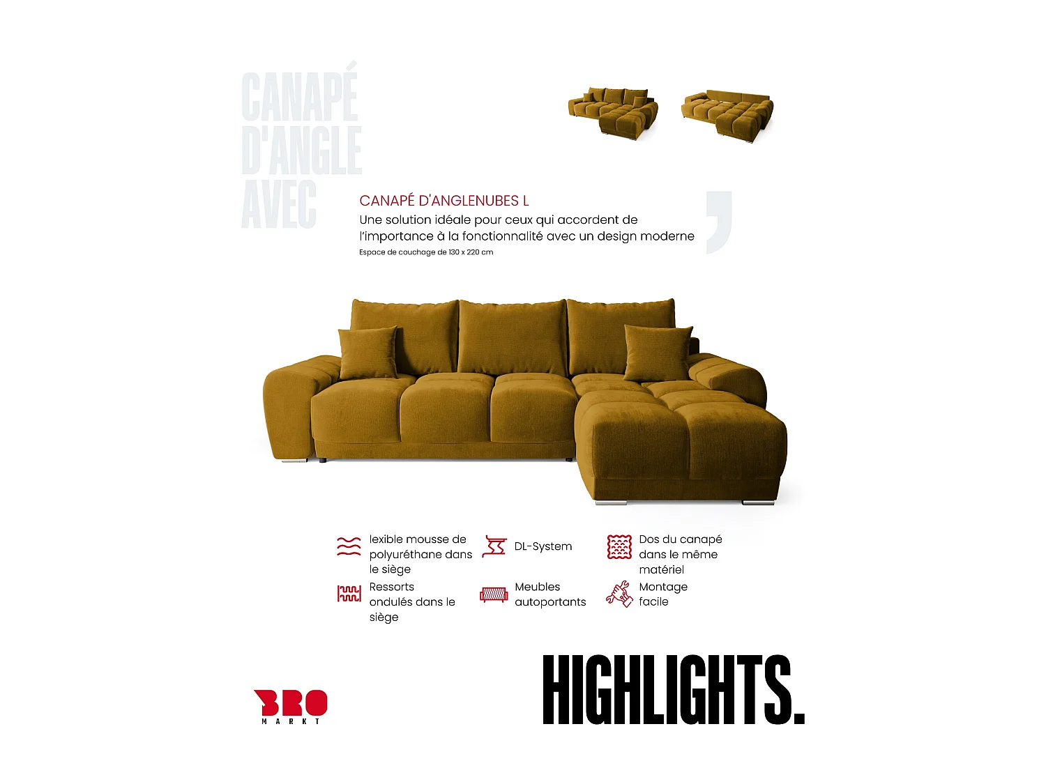 Canapé d'angle convertible en forme de L NUBES 290x180x85 cm moutarde