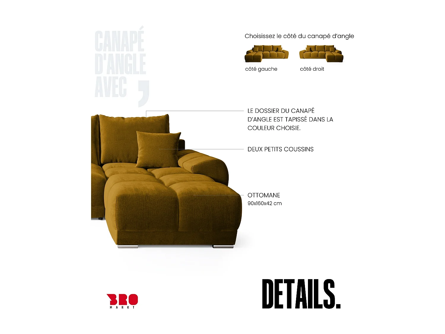 Canapé d'angle convertible en forme de L NUBES 290x180x85 cm moutarde