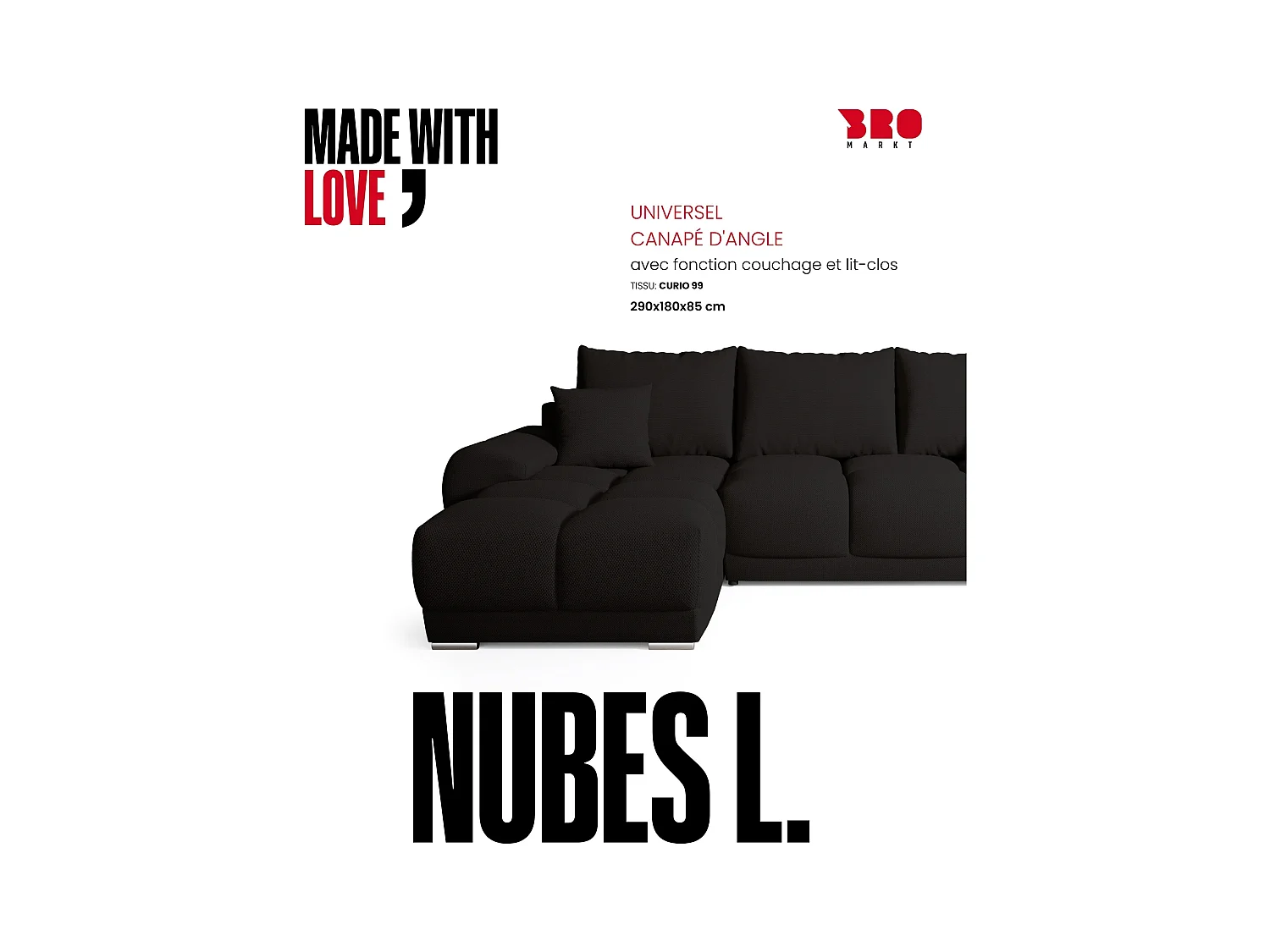 Canapé d'angle convertible en forme de L NUBES 290x180x85 cm noir