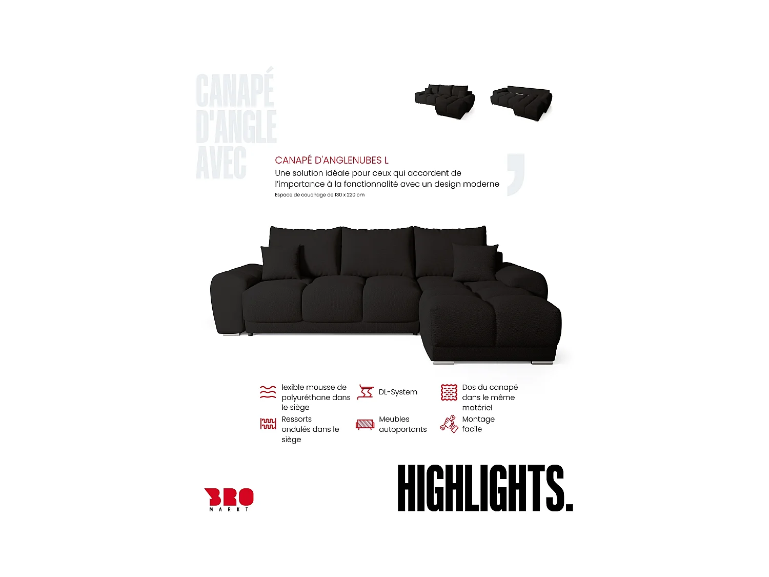 Canapé d'angle convertible en forme de L NUBES 290x180x85 cm noir