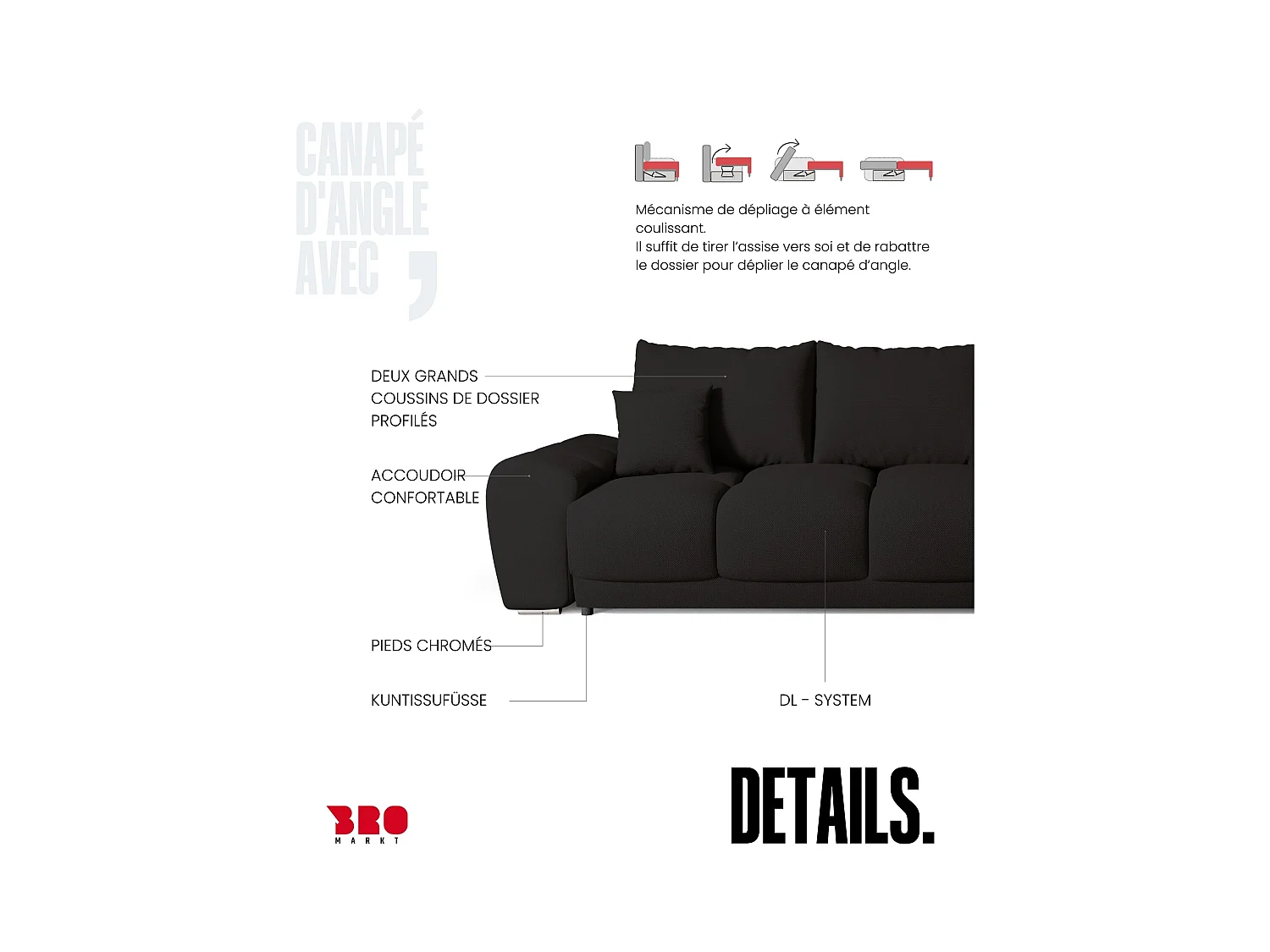 Canapé d'angle convertible en forme de L NUBES 290x180x85 cm noir