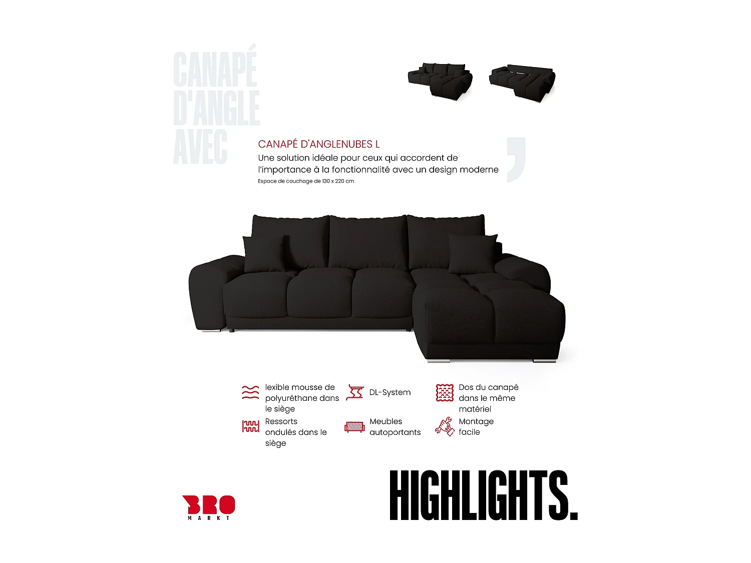 Canapé d'angle convertible en forme de L NUBES 290x180x85 cm noir