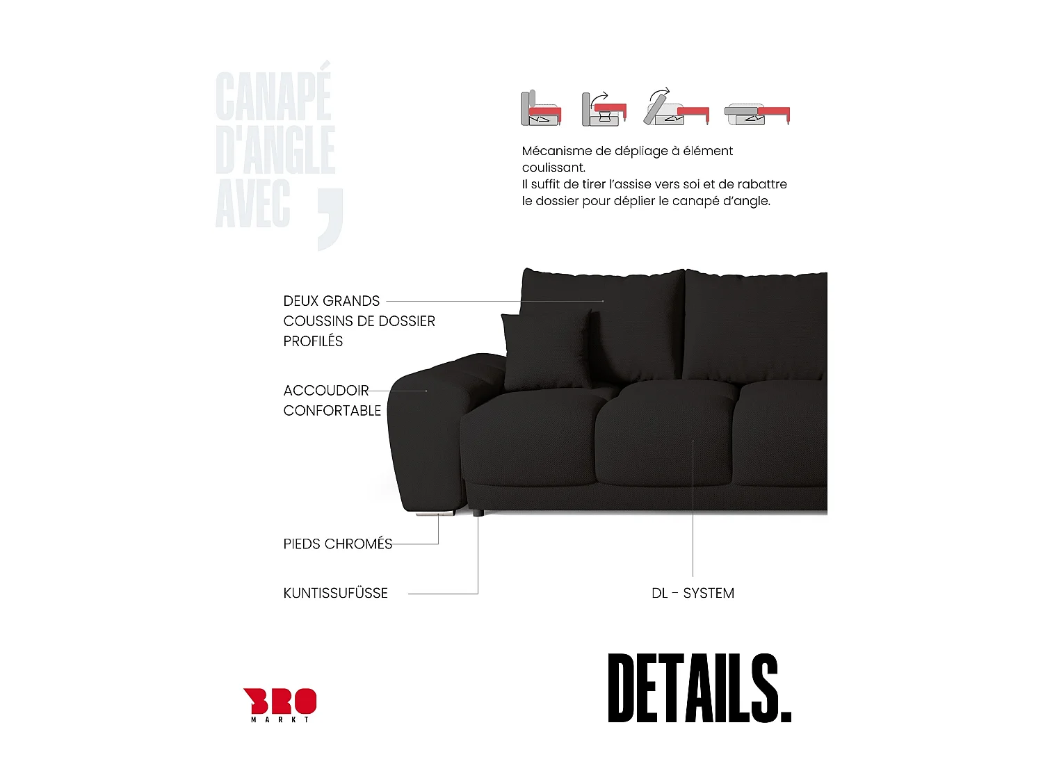 Canapé d'angle convertible en forme de L NUBES 290x180x85 cm noir