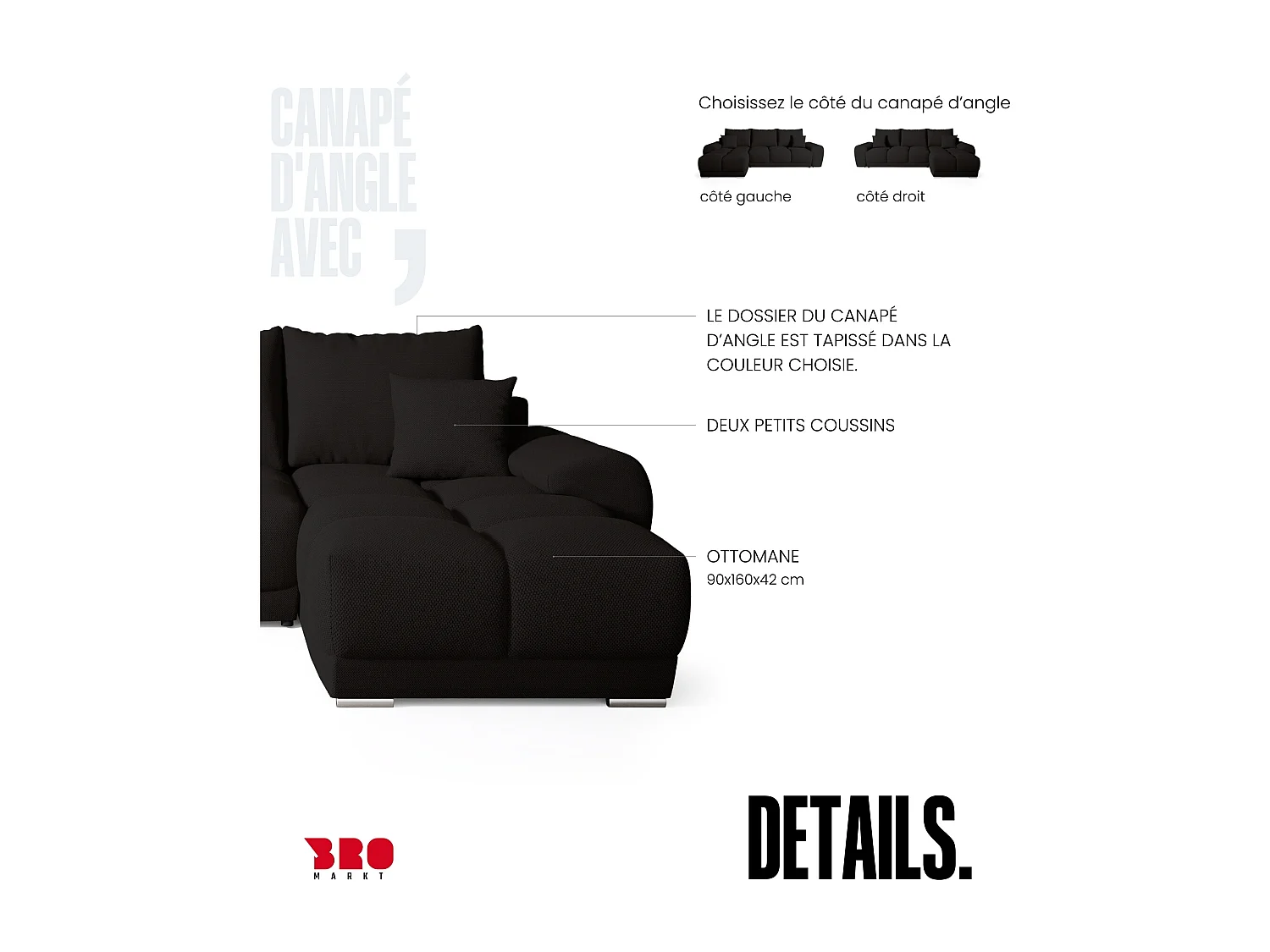 Canapé d'angle convertible en forme de L NUBES 290x180x85 cm noir