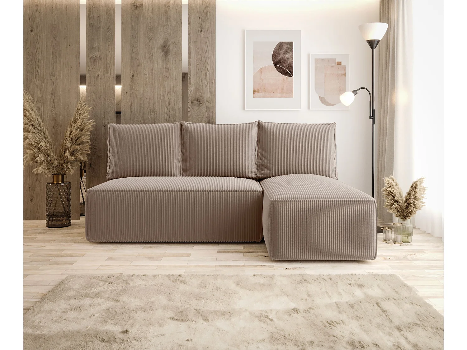 Narożnik z funkcją spania SAVIO MINI Poso 02 jasnobrązowy prawy sofa w kształcie L z pojemnikiem na pościel sofa do salonu, sofa rozkładana, sofa z pojemnikiem