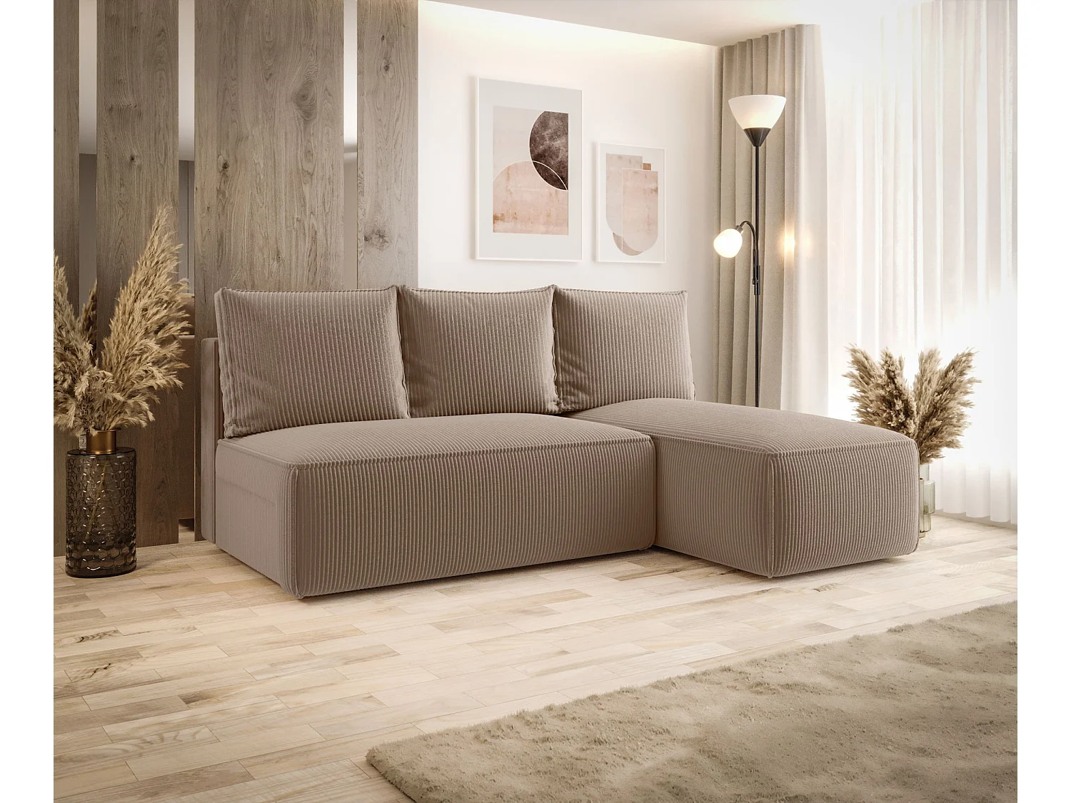 Narożnik z funkcją spania SAVIO MINI Poso 02 jasnobrązowy prawy sofa w kształcie L z pojemnikiem na pościel sofa do salonu, sofa rozkładana, sofa z pojemnikiem