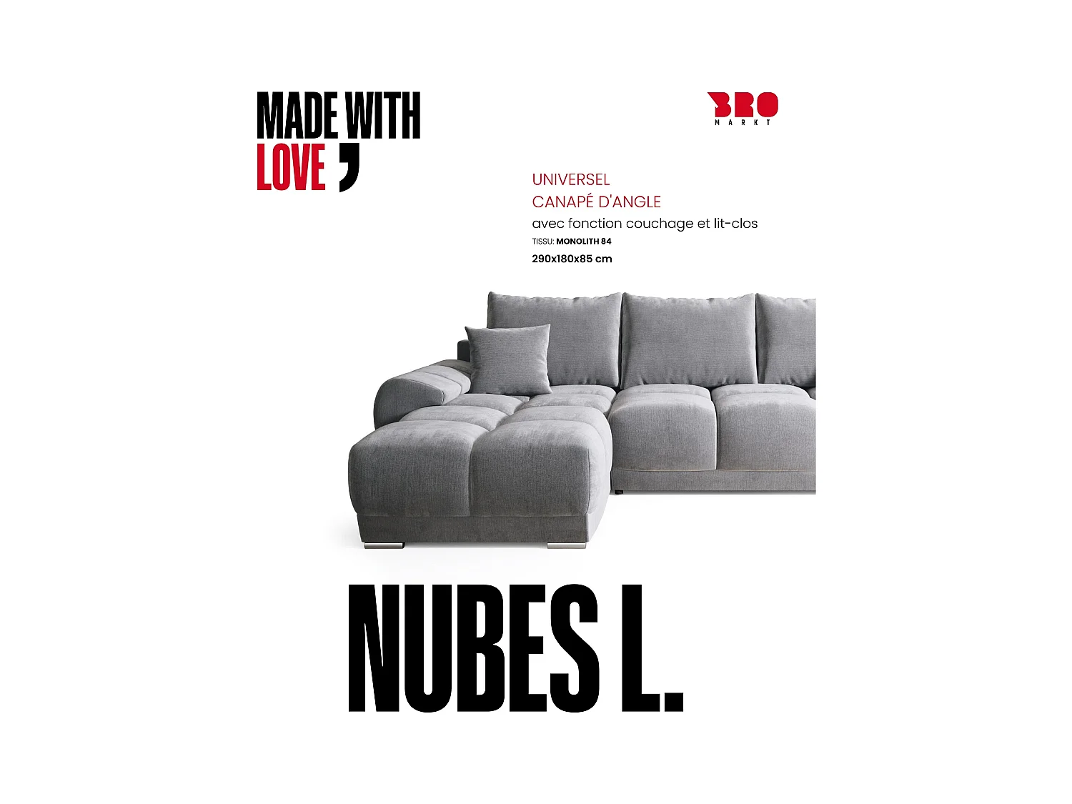 Canapé d'angle convertible en forme de L NUBES 290x180x85 cm gris clair