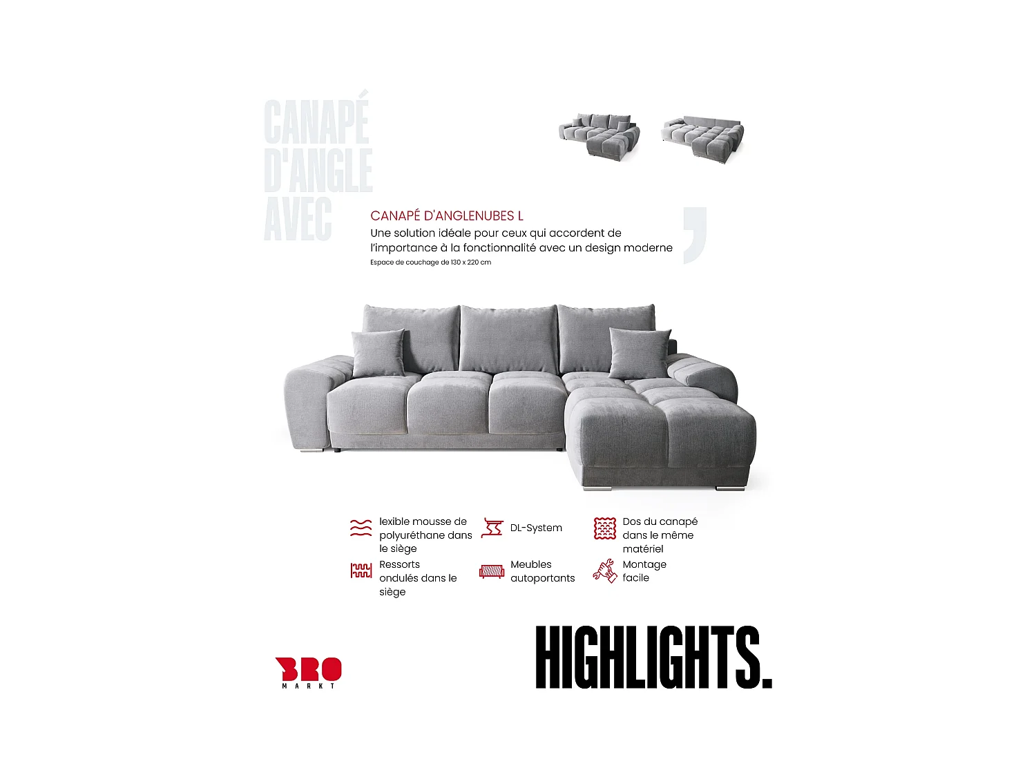 Canapé d'angle convertible en forme de L NUBES 290x180x85 cm gris clair