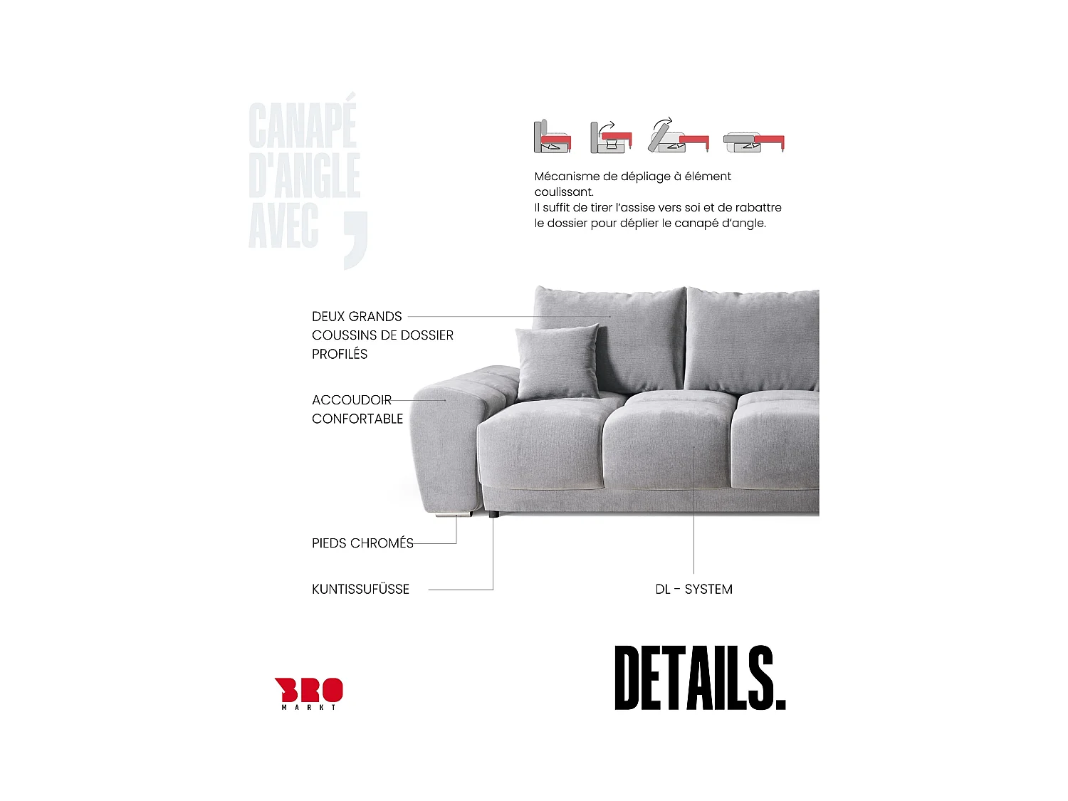 Canapé d'angle convertible en forme de L NUBES 290x180x85 cm gris clair