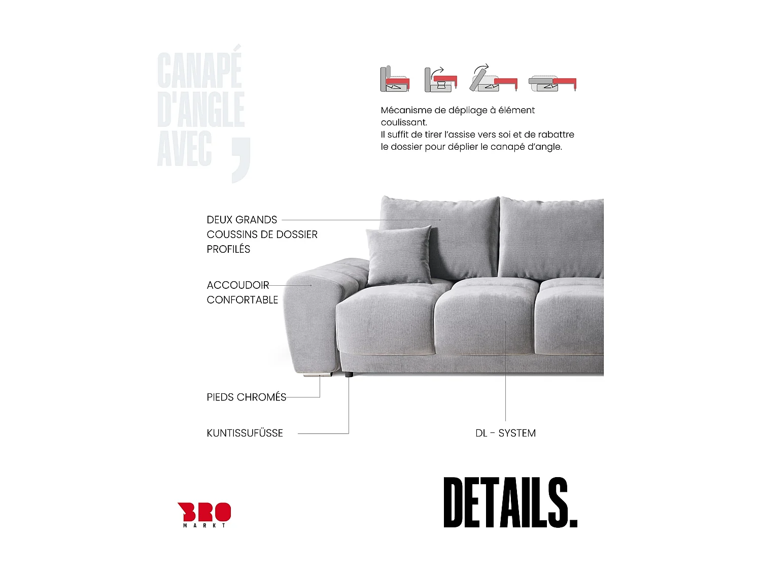 Canapé d'angle convertible en forme de L NUBES 290x180x85 cm gris clair