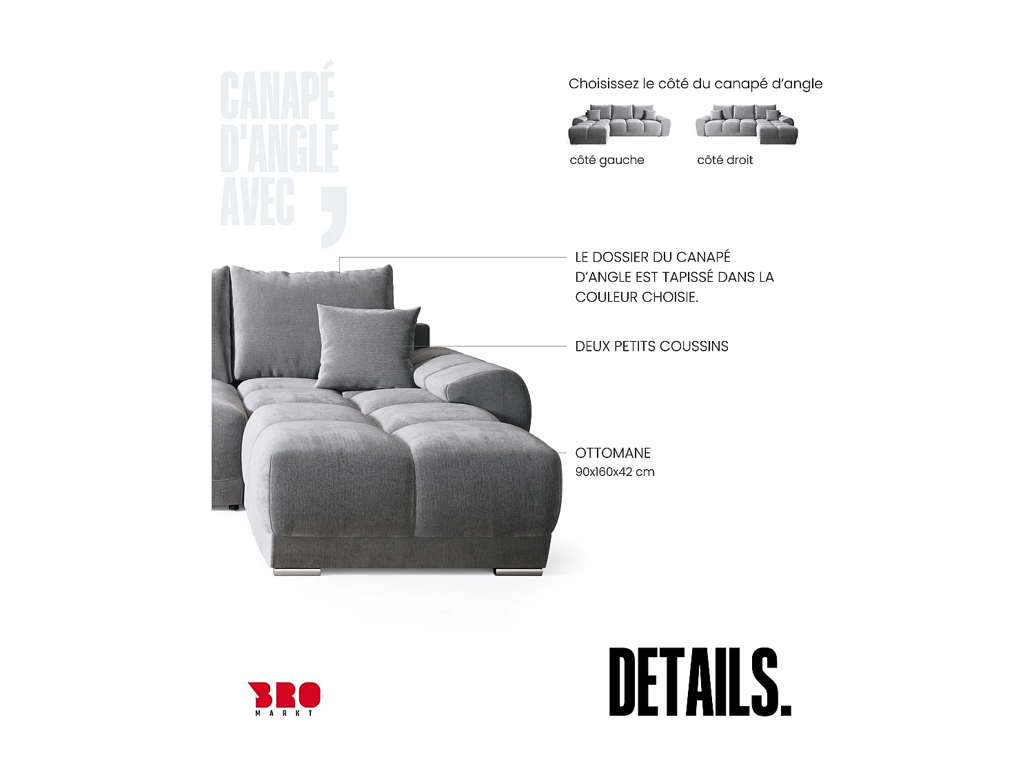 Canapé d'angle convertible en forme de L NUBES 290x180x85 cm gris clair