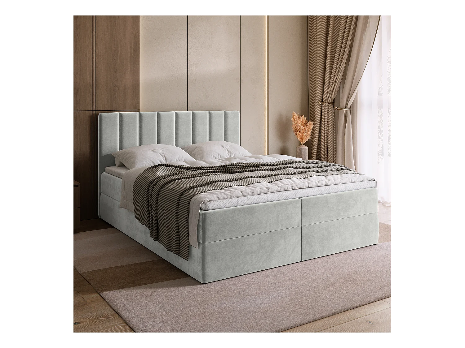 Lit boxspring avec rangement DENVER - matelas - surmatelas - gris clair - 140x200 cm