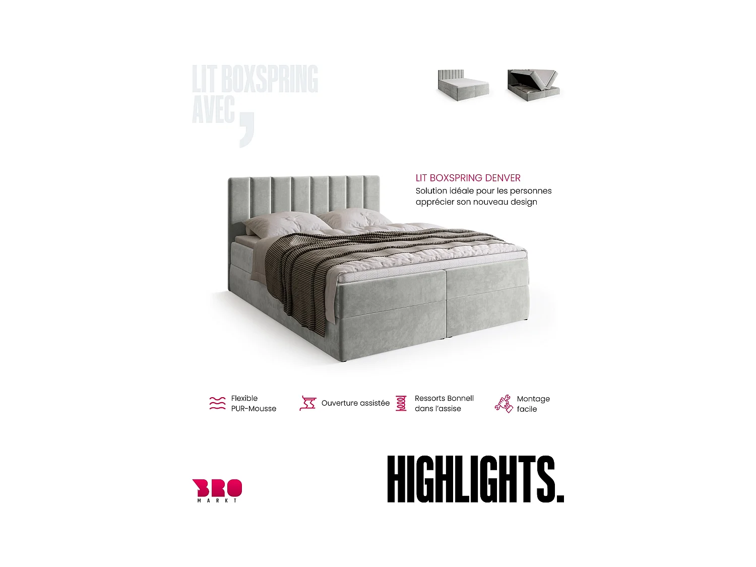 Lit boxspring avec rangement DENVER - matelas - surmatelas - gris clair - 140x200 cm