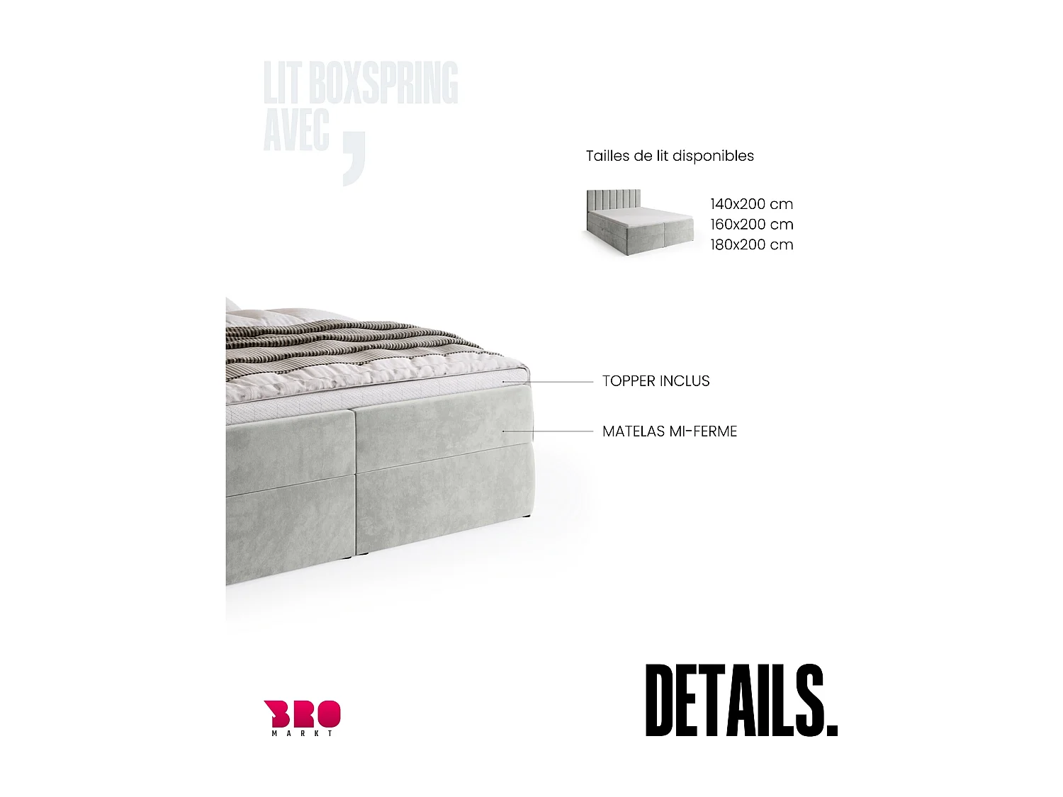 Lit boxspring avec rangement DENVER - matelas - surmatelas - gris clair - 140x200 cm