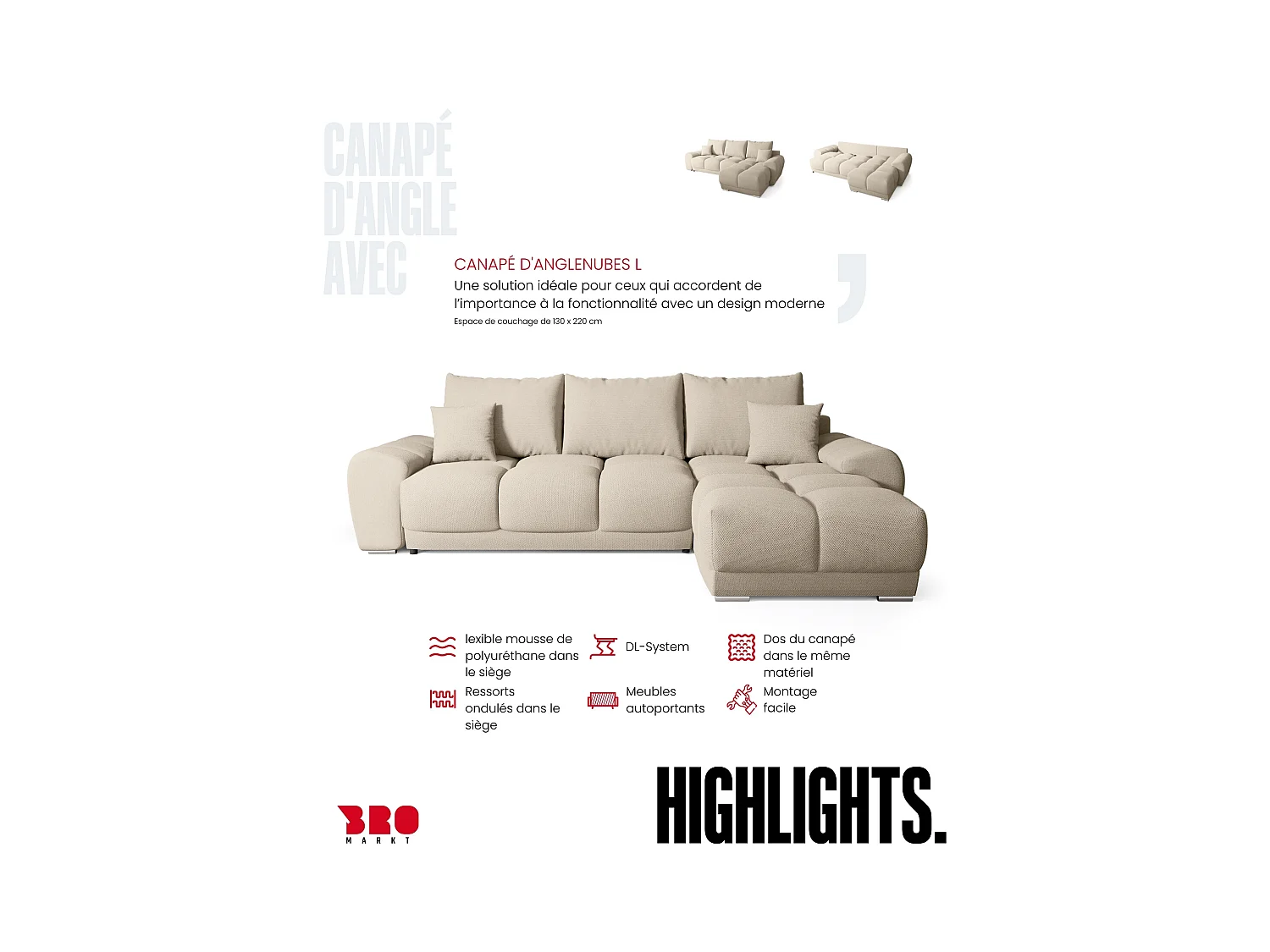 Canapé d'angle convertible en forme de L NUBES 290x180x85 cm beige