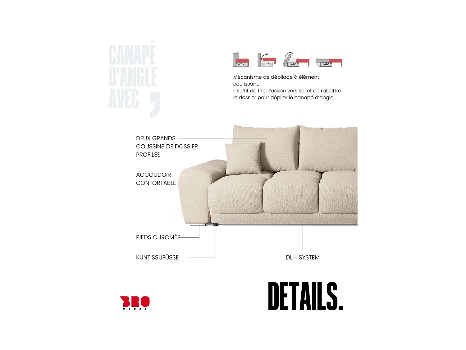 Canapé d'angle convertible en forme de L NUBES 290x180x85 cm beige